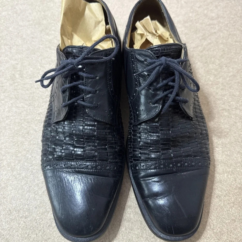 Vtg Mens 8.5 Dress Shoes Black‎ Woven Leather Cap Toe Lace Up Old Money Preppy